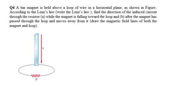 Q4 A bar magnet is held above a loop of wire in a horizontal plane, as shown in Figure. According to the Lenzs law (write th