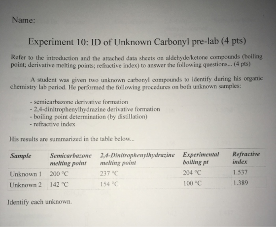 Name: Experiment 10: ID of Unknown Carbonyl pre-lab (4 pts) Refer to the introduction and the attached data sheets on aldehyd