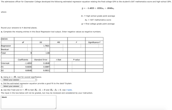 The admissions officer for Clearwater College developed the following estimated regression equation relating the final colleg