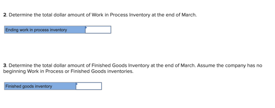 2. Determine the total dollar amount of Work in Process Inventory at the end of March Ending work in process inventory 3. Det