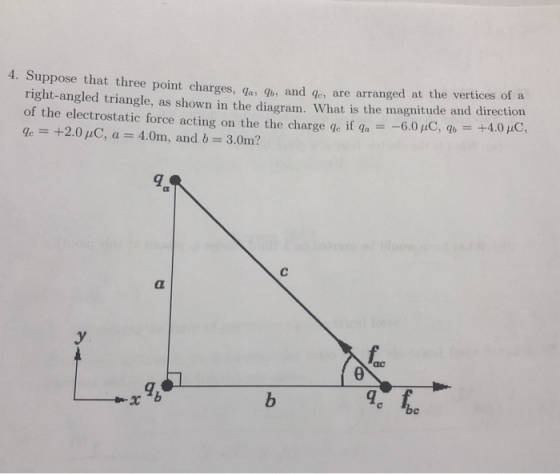 4. Suppose that three point charges, ga, gb, and des are arranged at the vertices of a right-angled triangle, as shown in the diagram. What is the magnitude and direction of the electrostatic force acting on the the charge q if q.--60μΟ, qb +4.01a c +2.0 C, a 4.0m, and b 3.0m?