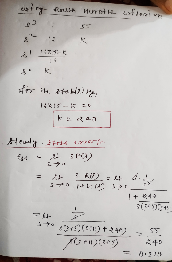 using Routh Heswita cridesian s3 - K 81 16815-K K for the stability, 16815-k so ka 240 steady stote esserar ess et SBCB) = S.
