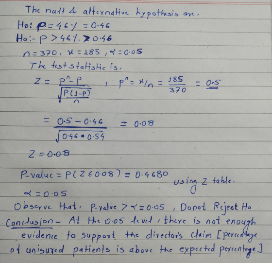 The nudi & atnstive hypothais ae Hote-46メ= 0.46 nこ370 , d 있85 :0.JS T he kst staistic is P11-2 37 0 0-46 * 0-51 Rvaluc = PL z 0. 08) = 04 680 using 2 table Conctusion-Al the os e vid theyc is not eno evidenie to support the directors claim percen 01-un15 red patients is. above-the-expected percent