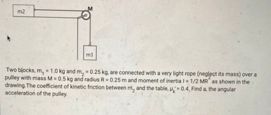 m2 m1 Two blocks, m, = 1.0 kg and m2 = 0.25 kg, are connected with a very light rope (neglect its mass) over a pulley with ma