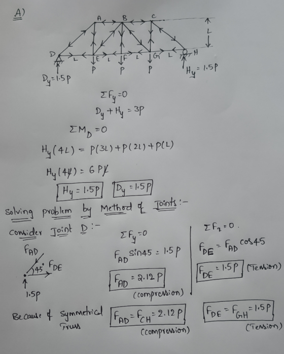 ľ P T Hy = 1.5P Dy = 15p Efy 0 Dy +Hy = 3p [Mg = 0 Hy( 4L) = P(31) +P(21) +PCL) Hy (44) = 6 P4 Hy = 1.5p] Dy = 15p solving pr