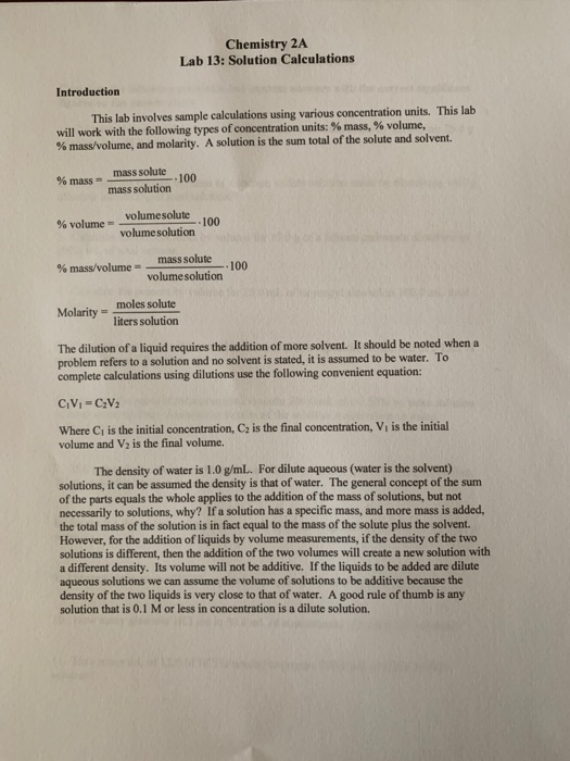 Chemistry 2A Lab 13: Solution Calculations Introduction This lab involves sample calculations using various concentration uni