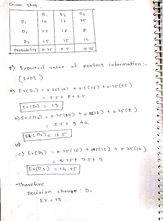 Given that Տ, Di « Դո Է ԱՐԱՄ Մ Մ Մ Մ Մ \2 I probability 10.25 l os I 0.25] of perfect information: s) Expected value (EVPI )
