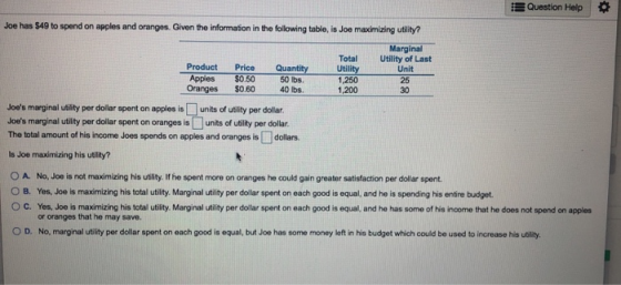 Question Help Joe has $40 to spend on apples and oranges. Given the information in the following table, is Joo maximizing uti
