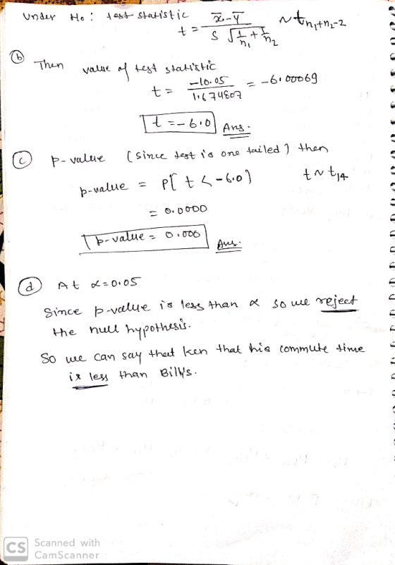Under Ho: test statistic TT tas sbitha in th=2 . Then -6.00069 value of test statistic -10.05 1. t= 116 74807 It=-610) Ans. i