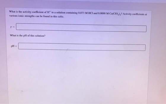 What is the activity coefficient of Ht in a solution containing 0.073 M HCl and 0.0090 M Ca(CIO),? Activity coefficients at v