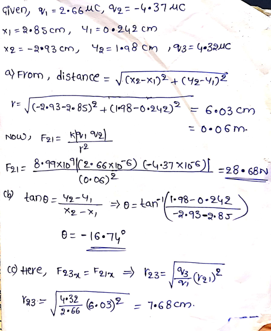 Given, W, = 2.664C, 92= -4.37-4C x1 = 2.85 cm, 4,=0.242 cm x2 = -9093 cm, 49 = 1.98 cm 193= 4o3quc ay from, distance (x2-x172