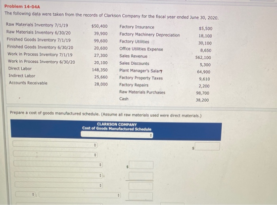Problem 14-04A The following data were taken from the records of Clarkson Company for the fiscal year ended June 30, 2020. Ra