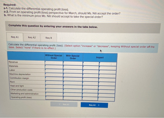Required: a-1. Calculate the differential operating profit (loss). a-2. From an operating profit (loss) perspective for March