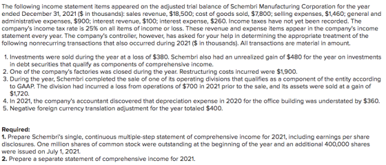 The following income statement items appeared on the adjusted trial balance of Schembri Manufacturing Corporation for the yea