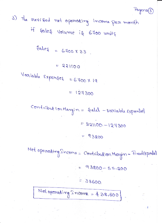 Pageno 3) The revised not operating income per month if şales volume ia 6700 unitę Sales = 6700 x 33 = 221100 Variable Expens