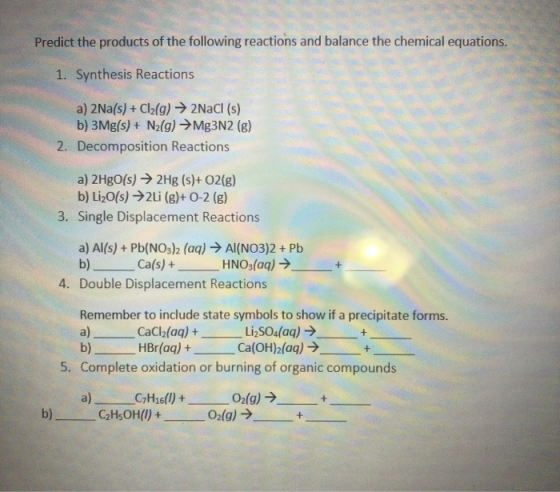 Predict the products of the following reactions and balance the chemical equations. 1. Synthesis Reactions a) 2Na(s) + Cl2(g)