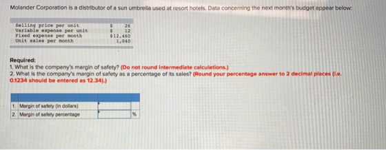 Molander Corporation is a distributor of a sun umbrella used at resort hotels. Data concerning the next months budget appear