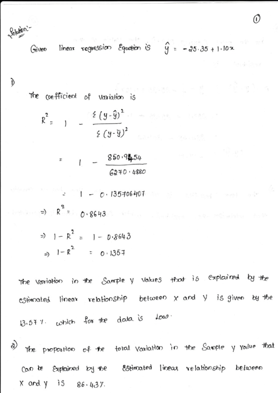 The Coefficient of va ation is 850.954 G?+0 488O I- o. 135 406 401 R 0 8643 O 135T the variation inte Sample y Vak#5 tho, ,s explained esated lineor rebtionSip between x and y is given y the The prepoton of te total Variatorthe Saople y yalue at Can be uplaedStinated lineas velathonship beloeeo x andy is 86.4.3 y.