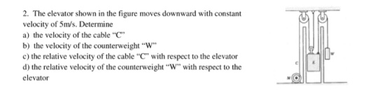 2. The elevator shown in the figure moves downward with constant velocity of 5m/s. Determine a) the velocity of the cable C b) the velocity of the counterweight w c) the relative velocity of the cable C with respect to the elevator d) the relative velocity of the counterweight W with respect to the elevator