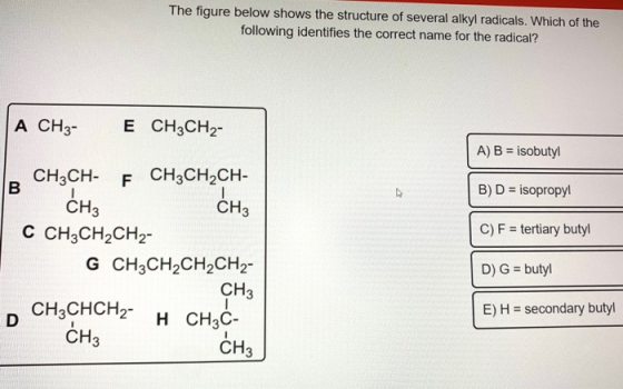 The figure below shows the structure of several alkyl radicals. Which of the following identifies the correct name for the ra