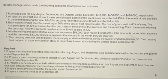 Beechs managers have made the following additional assumptions and estimates: 1. Estimated sales for July, August, September