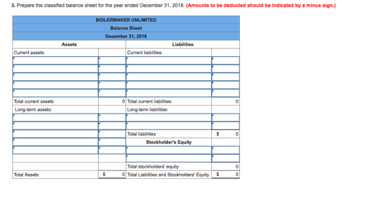 3. Prepare the classified balance sheet for the year ended December 31, 2018. (Amounts to be deducted should be indicated by a minus sign.) BOILERMAKER UNLIMITED Balance Sheet December 31, 2018 Assets Liabilities Current assets: Current liabilities Total current assets 0 Total current liabilities Long-term assets Long-term liabilities Total liabilities 0 Stockholders Equity Total stockholders equity 0 Total Assets Total Liabilities and Stockholders Equity S 0