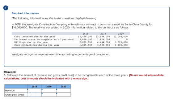 Required information [The following information applies to the questions displayed below.j In 2018, the Westgate Construction Company entered into a contract to construct a road for Santa Clara County for $10,000,000. The road was completed in 2020. Information related to the contract is as follows 2019 $2,490,000 $3,984,000 $2,008,600 1,826,000 2,030,000 4,444,000 3,526,000 3,900,000 2018 5,810,000 1,815,000 2020 Cost incurred during the year Estimated costs to complete as of year-end Billings during the year Cash collections during the year 4,285,000 Westgate recognizes revenue over time according to percentage of completion Requirec 1. Calculate the amount of revenue and gross profit (loss) to be recognized in each of the three years. (Do not round intermediate calculations. Loss amounts should be indicated with a minus sign.) 2018 2019 2020 Revenue Gross profit (loss)