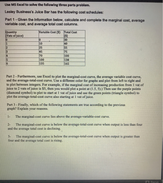 Use MS Excel to solve the following three parts problem. Lesley Businesss Juice Bar has the following cost schedules Part 1