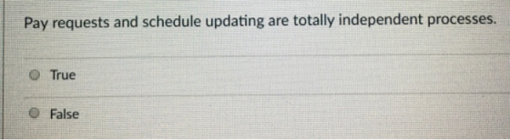 Pay requests and schedule updating are totally independent processes. O True False