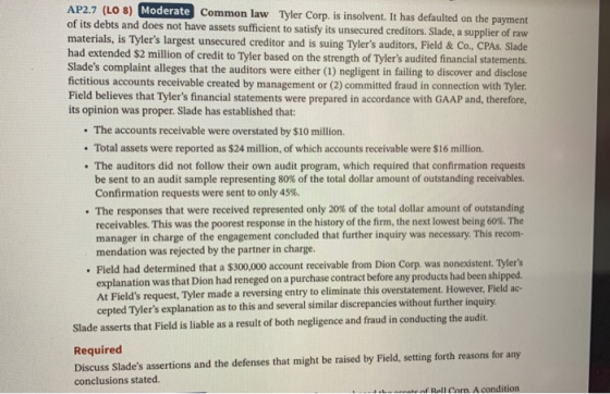 . AP2.7 (LO 8) Moderate Common law Tyler Corp. is insolvent. It has defaulted on the payment of its debts and does not have a