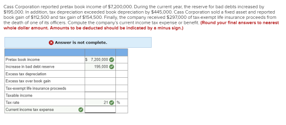 Cass Corporation reported pretax book income of $7,200,000. During the current year, the reserve for bad debts increased by $