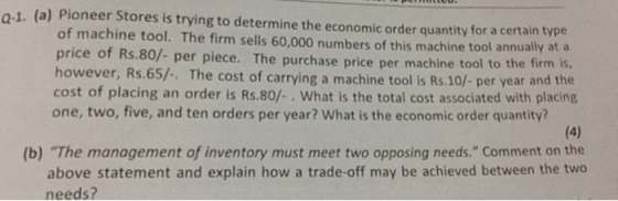 0.1. (a) Pioneer Stores is trying to determine the economic order quantity for a certain type of machine tool. The firm sells