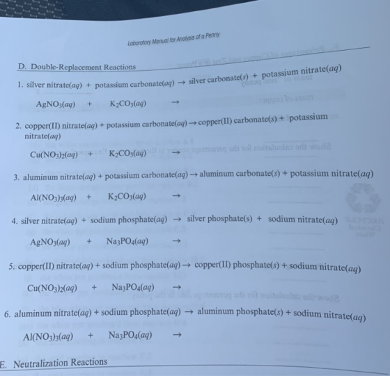 Laboratory Manual for Analysis of a Penny D. Double-Replacement Reactions silver carbonate(s) + potassium nitrate(aq) 1. silv