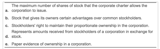 The maximum number of shares of stock that the corporate charter allows the a. corporation to issue. b. Stock that gives its