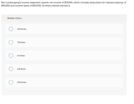 Ron Landscapings income statement reports net income of $74,100, which includes deductions for interest expense of $10,900 a