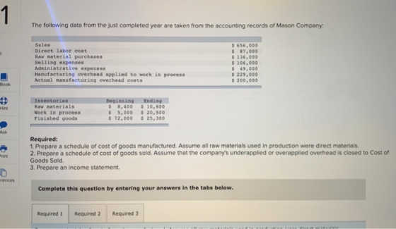1 The following data from the just completed year are taken from the accounting records of Mason Company: Sales Direct labor