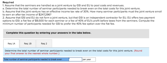 Required 1. Assume that the seminars are handled as a joint venture by GSI and EU to pool costs and revenues. a. Determine th
