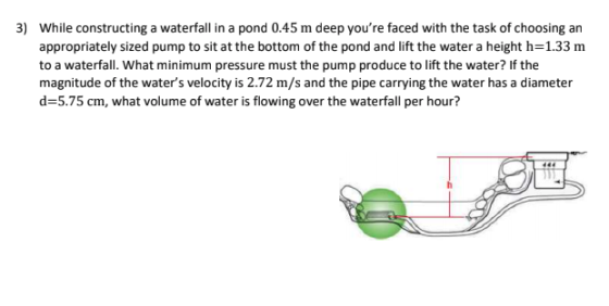 3) While constructing a waterfall in a pond 0.45 m deep youre faced with the task of choosing an appropriately sized pump to