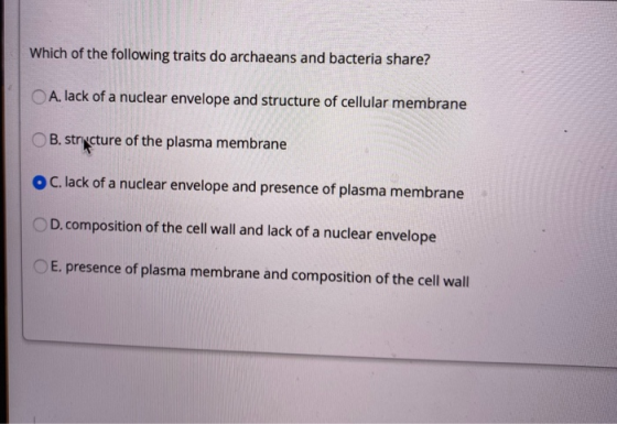 Which of the following traits do archaeans and bacteria share? A. lack of a nuclear envelope and structure of cellular membra
