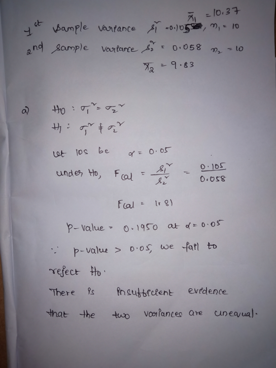 ct 75-2-83 tot los be or O.os gi 0:10S p- value D o we fafl to reject to There s ubrctent evedence that the tu voeylances are cuneayual