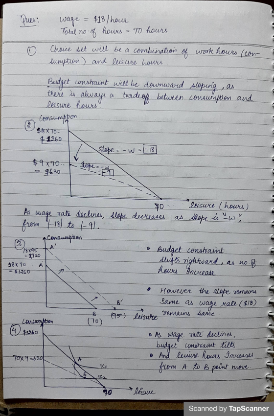 ques: wage е = 418/ hour Total no of hours = 10 hours Choice set will be a combination of work hours (con- sumption) and leis