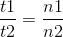 \frac{t1}{t2}=\frac{n1}{n2}