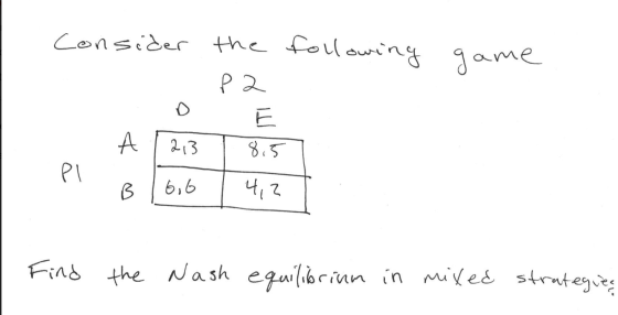 consider following game the P2 A [213 PI B 166 8.5 4,2 strategies Find the Nash equilibrium in mixed