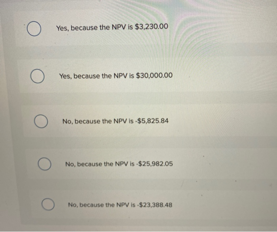 Ο C) Yes, because the NPV is $3,230.00 Ο Yes, because the NPV is $30,000.00 Ο No, because the NPV is -$5,825.84 Ο No, because