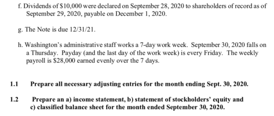 f. Dividends of $10,000 were declared on September 28, 2020 to shareholders of record as of September 29, 2020, payable on De
