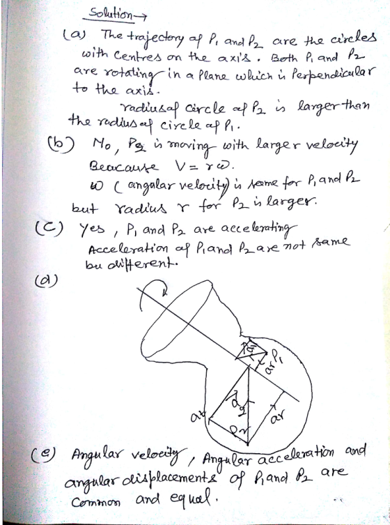 a The trotectry af P. and Pa, are th오 circles af P and Pa are the cirele^ with Centres m the ax. Berth R and to ha axii (b) No, P9, , m inr ω¡th larger velocity but Yadu^ r for P larger- (C) yes , P, and Pa are aece leon not same bu olterent. (e) Anglar velo acelaton and aryalar obchlacemente of Rand P are