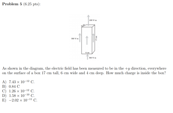 Problem 5 (6.25 pts): 650 V/m 500 V/m cm 300 V/m As shown in the diagram, the electric field has been measured to be in the +