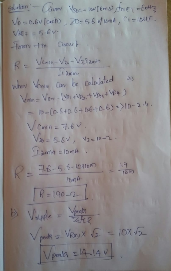 Solulit - Coven VSEC = LOVERMS ANET=CoH3 Vo=0.6V (each) ZD= 5.6 v/10mA, CI=10uF, VREE = 5.6v. foom the Ciotuit ... R = Vemin