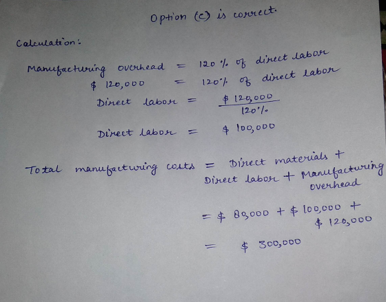 Option () is correct. Calculation: Manufacturing overhead $ 120,000 Direct labor 120% of direct labor 120% of direct labor $