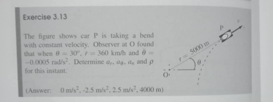 Exercise 3.13 O The figure shows car P is taking a bend with constant velocity. Observer at O found that when = 30°, r = 360